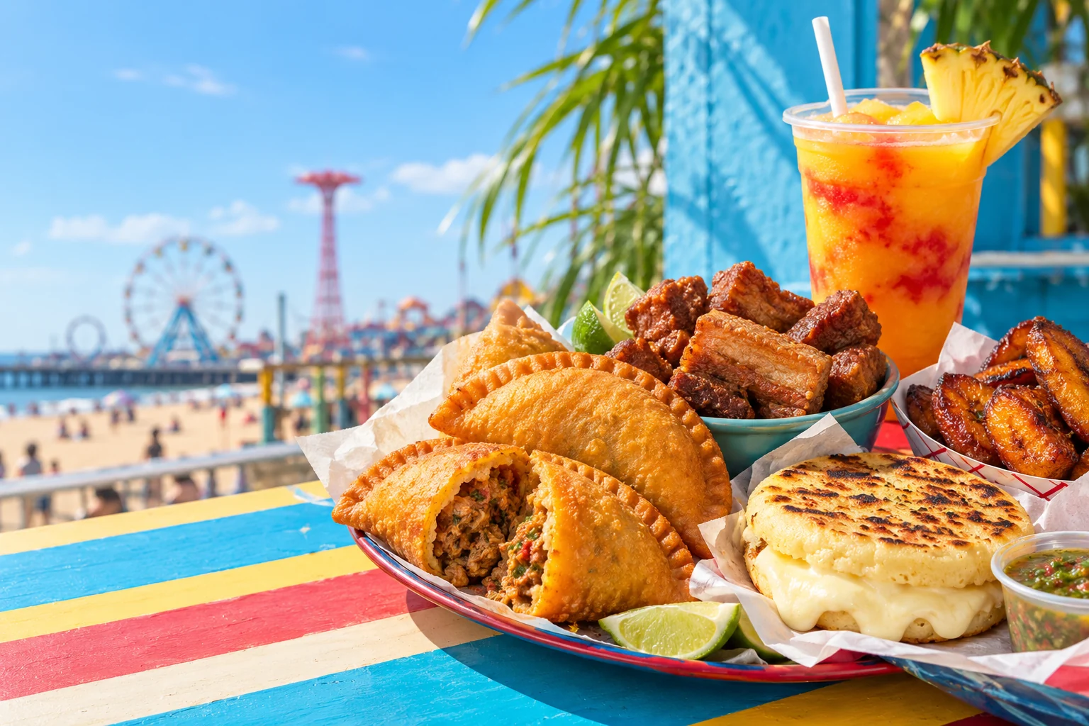 Illustrative spread of empanadas, a cheese arepa, chicharrón, sweet plantain and a tropical fruit drink against a bright Coney Island summer scene; not the shop's exact dishes or premises.